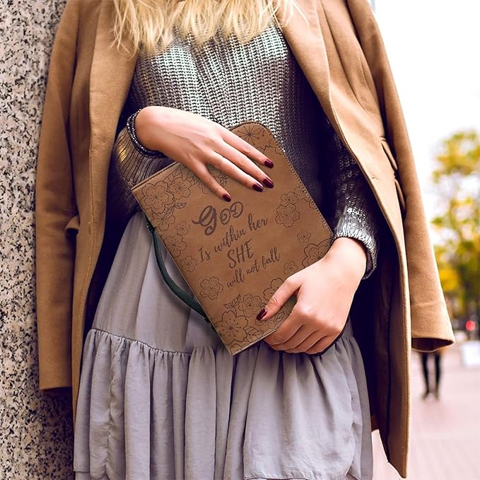 Brown Leather Study Bible Case THE GOD Print Bible Cover Case Women Durable Carrying Book Case Church Bag Bible Study Supplies Accessories Size：2XL