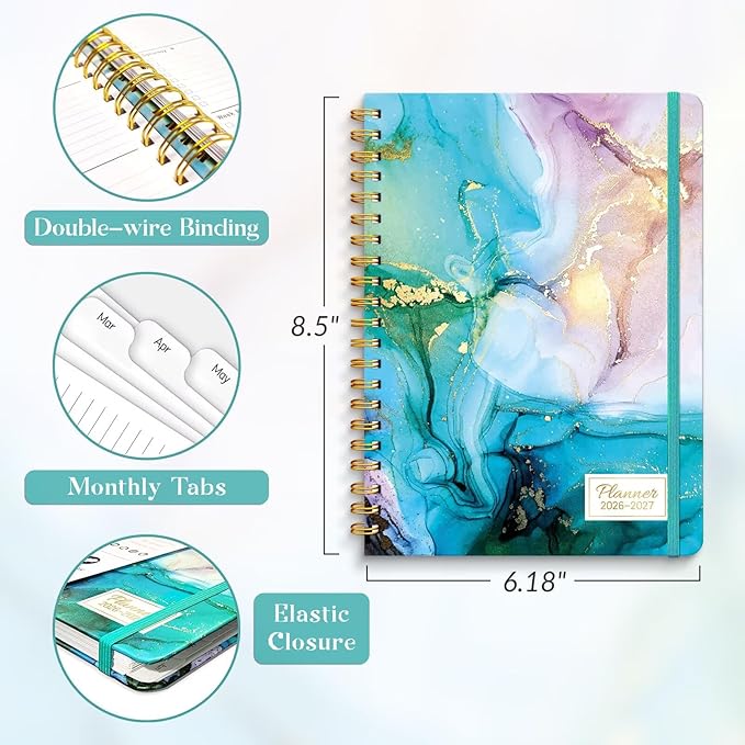 Lonely Oak Academic Planner 2026-2027, Daily Weekly and Monthly Agenda Planner 6.18" x 8.5" with Tabs, 12 Months Spiral School Year A5 Calendar from Jul.2026 to Jun.2027 for Student and Teacher (Cyan Marble)