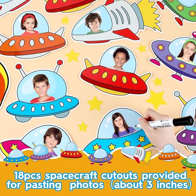 Outer Space Bulletin Board Set Blast into A Learning Adventure Classroom Bulletin Board Decorations Spacecraft DIY Photo Space Themed Cutouts for Back to School Kids Classroom Chalkboard Wall Decor