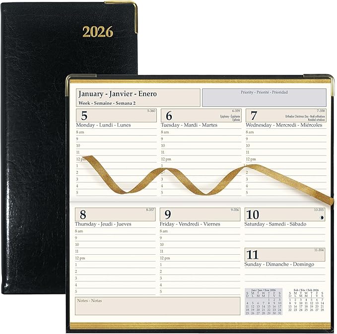 Brownline® 2026 Executive Weekly Pocket Planner, Appointment Book, 12 Months, January to December, Horizontal, Sewn Binding, 6.75" x 3.1875", Black, Trilingual (CBE306-26)