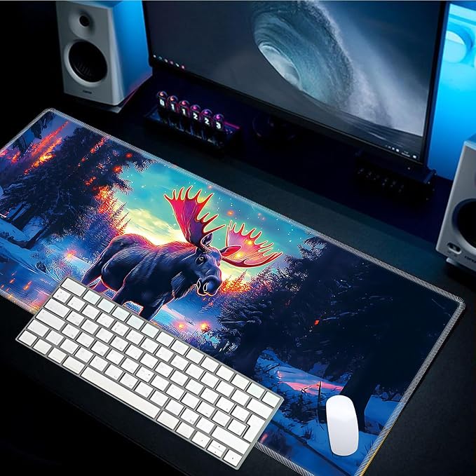 Mouse Pad Gaming Mousepad 31.5x11.8 Inch XXL Large + Coasters,Desk Mat with Stitched Edges, Non-Slip Rubber Base, Thick Mouse Pad for Computer, Laptop, Office & Home - Glowing Moose Deer