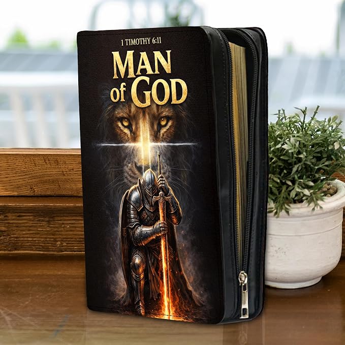 Personalized Man of God Bible Cover for Men, Christian PU Leather Bible Case with Handle Zipper, God Says I Am Warrior Scripture Bible Holder, Religious Gift for Men (Man of God)