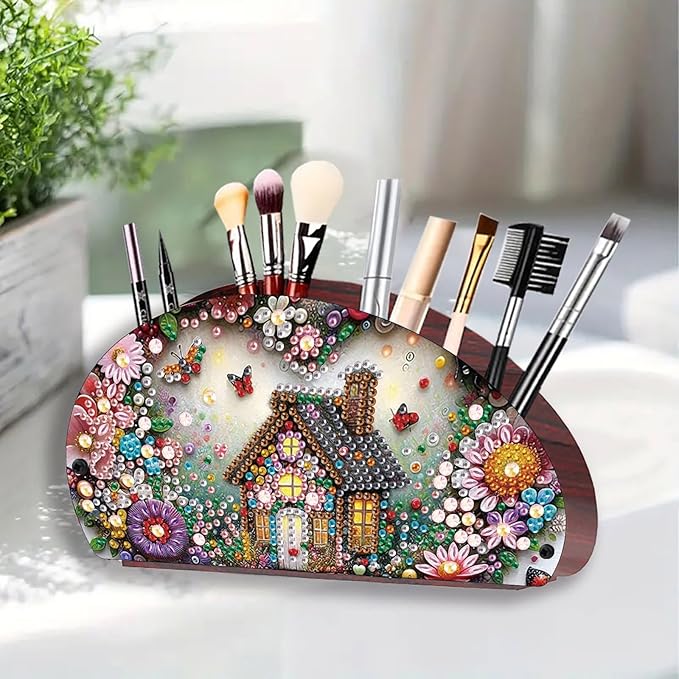 Remote Control Holder with 4 Compartments, DIY Diamond Art Painting Wooden Half Moon TV Control Holder for Remote Controllers, Office Supplies, Makeup Brush, Media Accessories-Wooden House