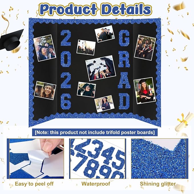 Blue 175 Pcs Graduation Photo Display Board Sticker Glitter Border Trim Alphabet Letter Number for 2026 Grad Party Trifold Poster Photo Display Science Fairs Event Displays Bulletin Board