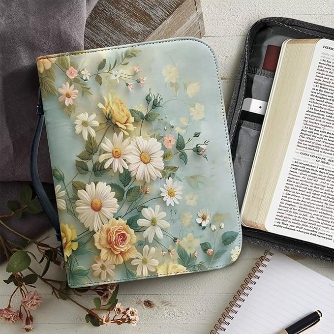 Daisy Flower Print Bible Cover Case for Women Girls Study Supplies Accessories Christian Gifts Carrying Cases Book Protector with Durable Handle-L