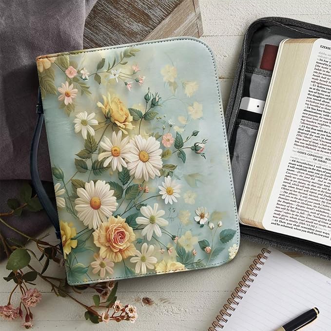 Daisy Flower Print Bible Cover Case for Women Girls Study Supplies Accessories Christian Gifts Carrying Cases Book Protector with Durable Handle-XXL