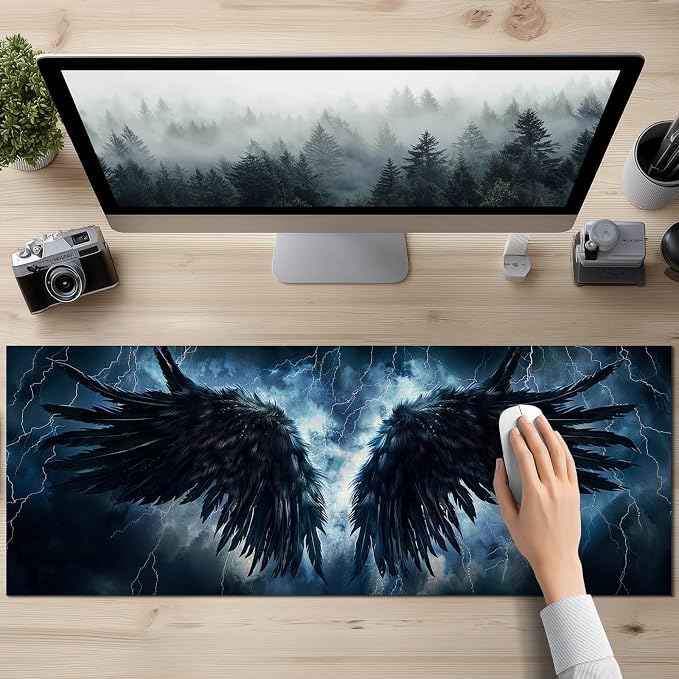 HOMETITUTE XL Mousepad 31.5 x 11.8 Inch Black Wing Thunder Large Gaming Desk Mat Extended Computer Pad Keyboard Mat Waterproof Non Slip Surface Mouse Pads for Desktop Office Accessories