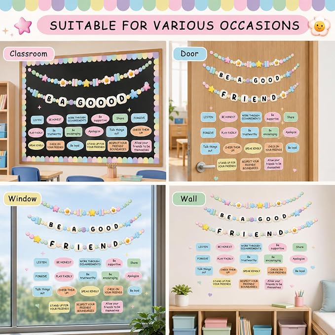 Friendship Bracelet Bulletin Board Set Pastel Back to School Classroom Decoration Motivational Be a Good Friend Friendship Bracelet Bulletin Board Cutouts for Classroom School Chalkboard Wall Decor