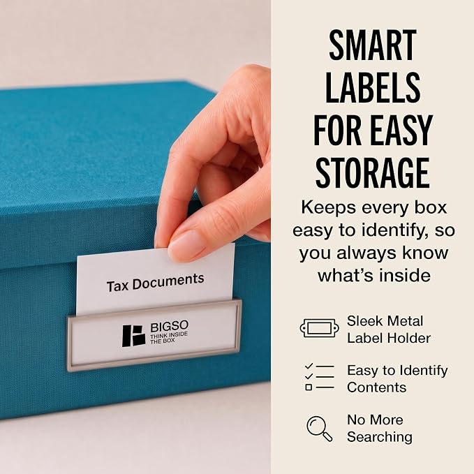 Bigso Oskar Fiberboard Label Frame Document Letter Box - File Organizer Box for Important Paperwork - Document Storage with a Lid & Metal Label Window - 3.3 in x 10.2 in x 13.8 in - Turquoise