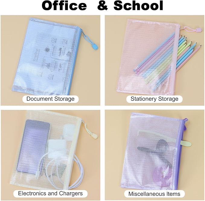 10 Pcs A5 Clear Zipper Pouch Bags - 5 Colors Plastic Mesh Storage Organizers for School Supplies, Office Travel Accessories & Classroom Organization