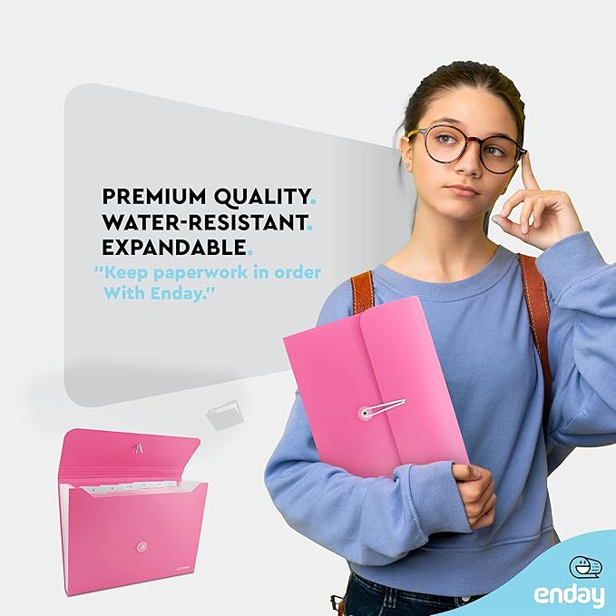 Accordion File Organizer Pink, 7 Pocket Expanding File and Cover Folder with Labels, Plastic Portable Desktop Letter A4 Paper, Also Available in Red, Purple, Green, Blue, Grey, 1 Pc – By Enday