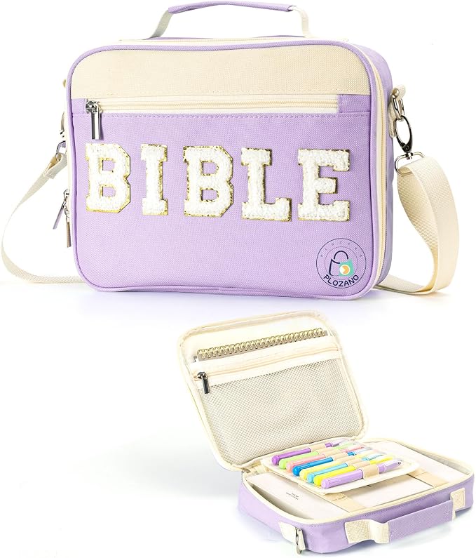 PLOZANO Bible Cover Case for Women, Large Chenille Letter Bible Bag with Shoulder Strap,Purple Bible Carrying Tote Bags for Bible Study Accessories, for Women Lady Teen Grils (Purple)