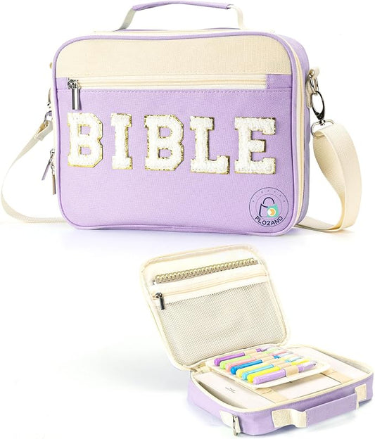 PLOZANO Bible Cover Case for Women, Large Chenille Letter Bible Bag with Shoulder Strap,Purple Bible Carrying Tote Bags for Bible Study Accessories, for Women Lady Teen Grils (Purple)