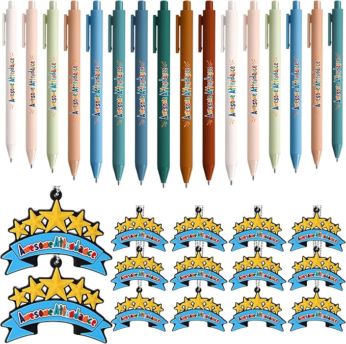40 Sets Awesome Attendance Gift Ballpoint Pen with Tags Pendant for Student Teacher Motivating Perfect Attendance Reward for Office Class Prize Teacher Must Have