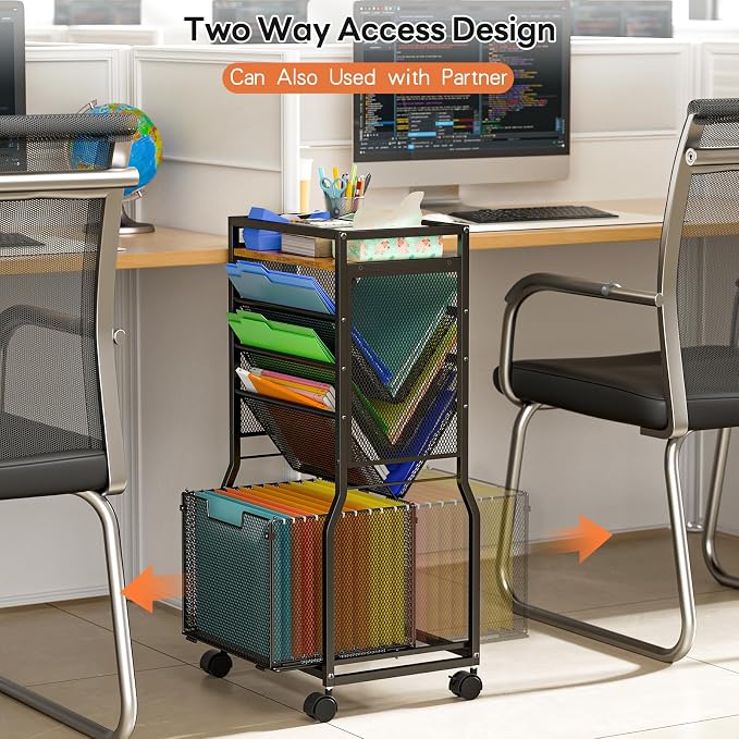 DAOUTIME 8 Tier Rolling File Cart with Hanging File Folder Organizer, Mobile File Organizer with 2 Sides Access Bookcase, Beside/Under Desk Cart with Wheels for Office Home School