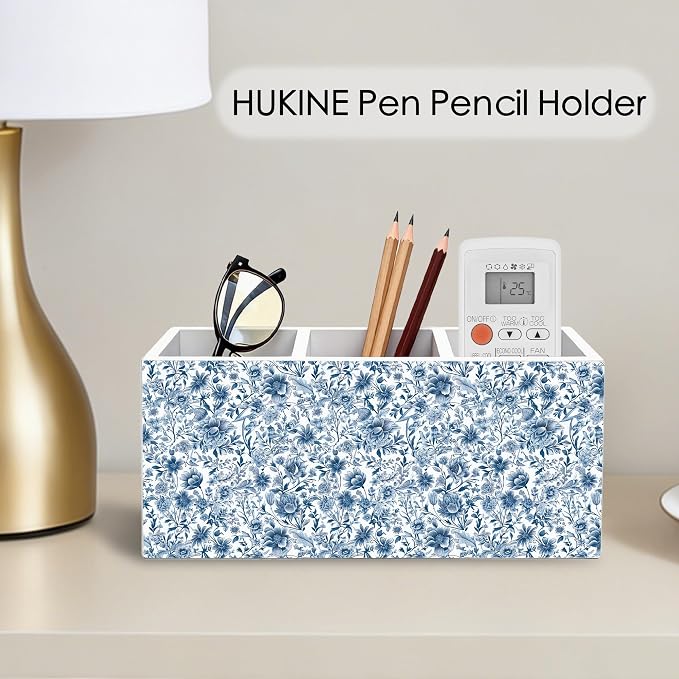 Blue and White Chinoiserie Floral Pen Holder for Desk Decoration, Vintage Blue Toile De Jouy Flower Wooden Box Sign Pencil Holder Organizer for Home Office Desk Accessories