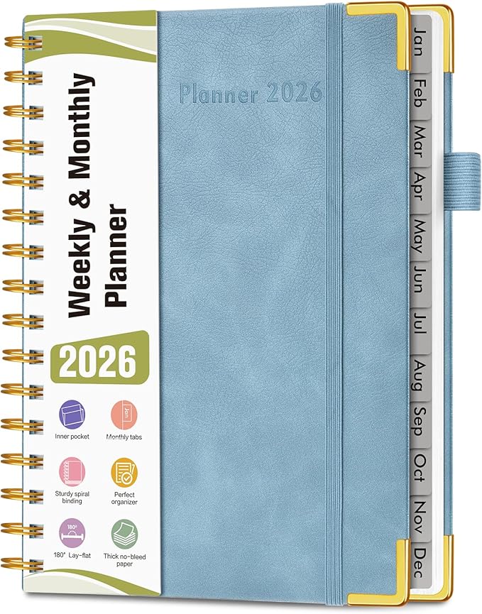 2026 Planner, Hardcover Leather Weekly and Monthly Planner, January 2026 - December 2026, Spiral Yearly Agenda Organizer Book 2026 with Tabs, Daily Calendar Planners for School Work Home, A5 (5.75" x 8.38"), Blue
