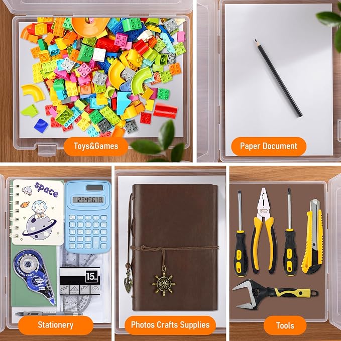Marte Vanci Clear A4 Paper Storage Box with Lids Portable Plastic File Box with Handle Project Case Bin Letter Document Organizer Storage Container for Photo Scrapbook Craft Art Supplies