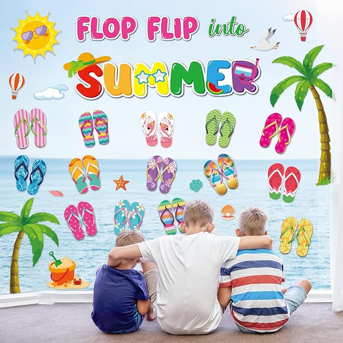 Summer Classroom Bulletin Board Decorations Flip Flop DIY Name Craft Cutouts with Paper Flip Flop Into Summer Cutouts Hawaiian Tropical Bulletin Board for Student Teacher Back to School Supplies