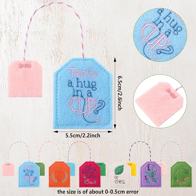 Skyygemm 6 Pcs Colorful Tea Bag Bookmarks for Women Tea Party Favors Cute Hand Embroidered Bookmarks Gift for Holiday Mom Women Book Reading Lovers
