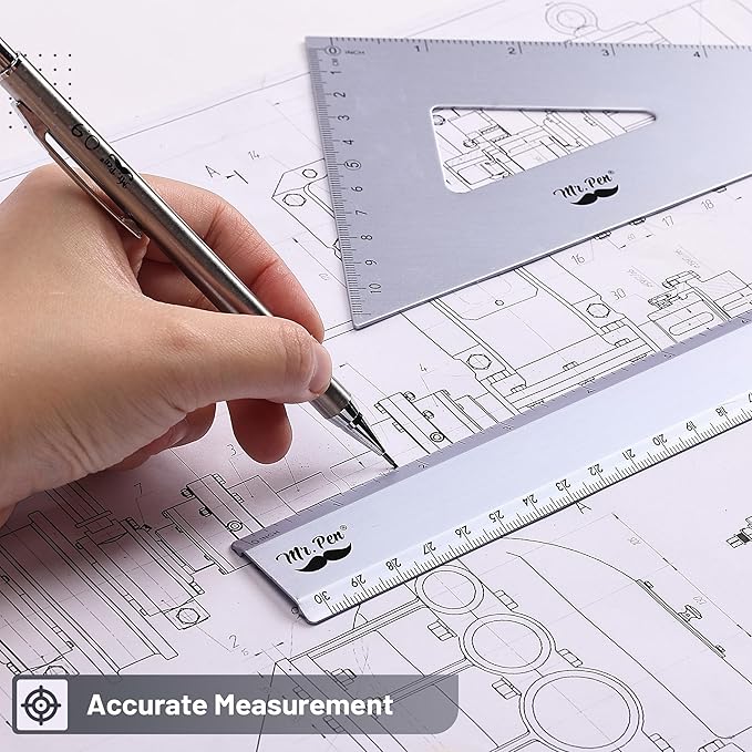 Mr. Pen- Metal Geometry Kit, 4 Pack, 45° & 30°/60° Set Squares, 6" Protractor & 12" Ruler, Durable Metal Drafting Tools for Technical Drawing, Math, Engineering & Architecture