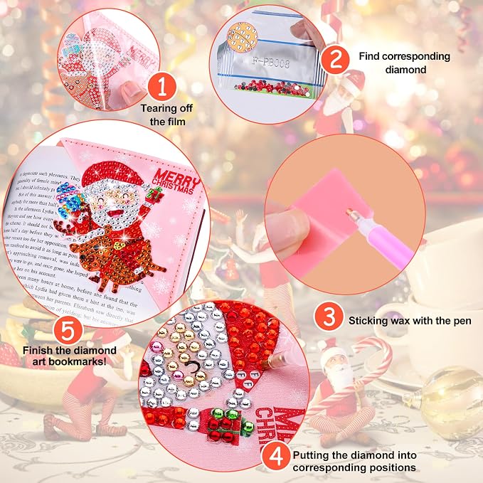 Christmas Diamond Art Bookmarks, 4 PCS Cute Diamond Art Bookmarks for Book Lovers, Christmas Gift DIY Diamond Art Accessories, Diamond Art Kits for Adults
