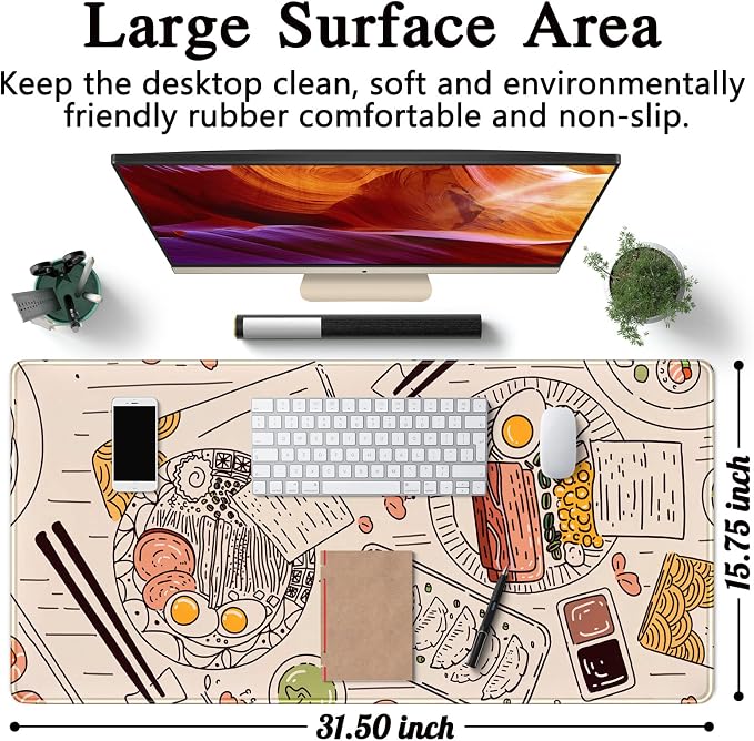 Japanese Ramen Sushi Food Desk Mat Beige XL Mouse Pad Large Full Desk Mousepad Gaming Extended Keyboard Mouse Mat Desk Pad for Computer Laptop 31.5''X15.7'' Non-Slip Rubber Base with Stitched Edges