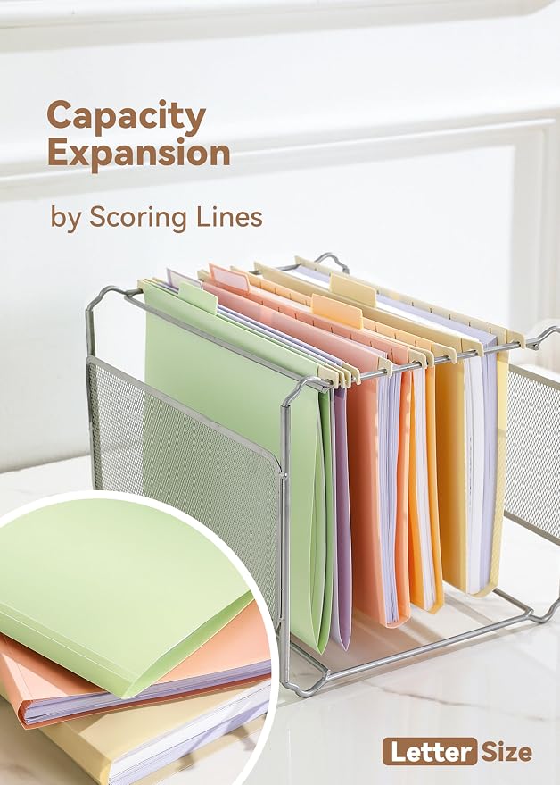 SortRax Plastic Hanging File Folders, Sturdy & Tear-Resistant, Letter Size, 12 Pack with Insertable 1/5-Cut Tabs, Pastel Colors