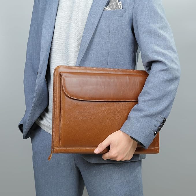 Genuine Leather Portfolio for Men Women Zipper Business Resume Padfolio Organizer Binder A4 Meeting Folder13 inch brown
