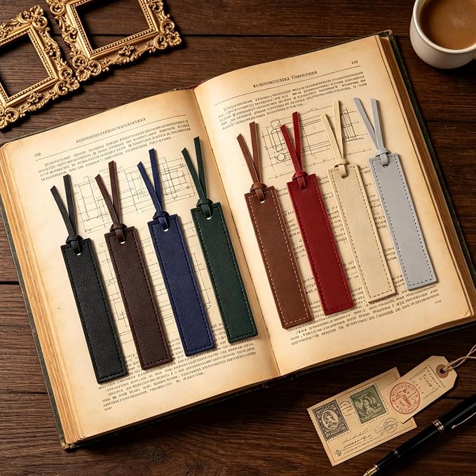 8 Pcs Double-Sided Leather Bookmarks with Tassel, Handmade Stitched Book Marks for Reading, Thin Classic Page Markers, Gifts for Book Lovers, Teachers, Students, Men Women Readers