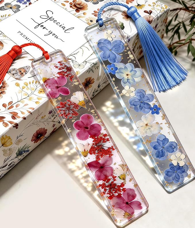 Buleens 2PCS Bookmarks for Women - Pink Blue Book Marks for Readers Book Lovers, Personalized Handmade Dried Flower Resin Pressed Flowers Bookmark with Tassels, Pretty and Aesthetic