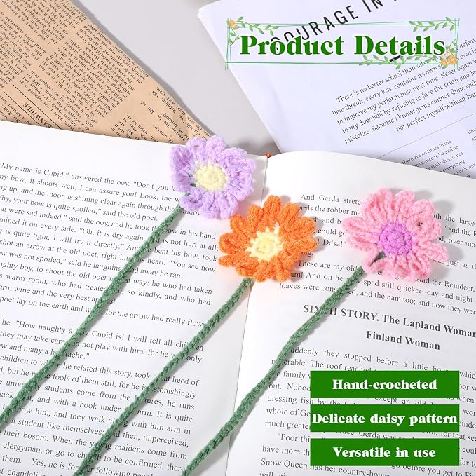 6 PCS Cute Flower Crochet Bookmarks, Cute Crochet Embroidered Sunflower Daisy Bookmark, Bookish Gifts Book Marks for Reading Women Book Lovers Teachers