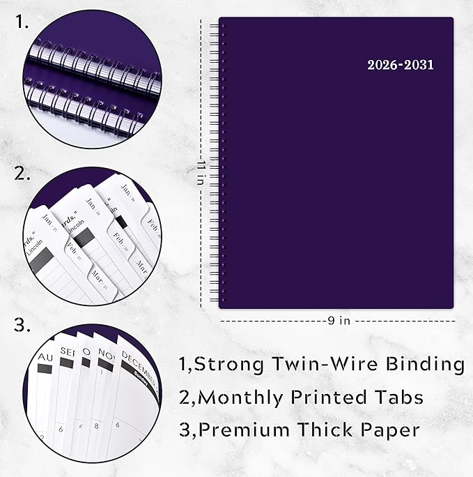 2026-2031 Monthly Planner/Monthly Calendar - 5 Year Planner from Jul. 2026 - Jun. 2031, 60 Month Planners, 9" x 11", Monthlys Calendar 2026-2031 with Tabs + Double-Side Pocket + Durable Polypropylene Cover - Purple
