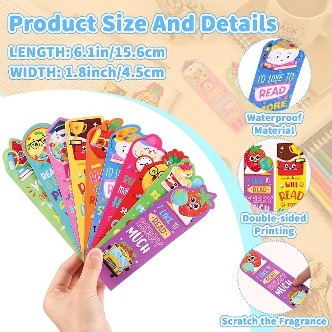 Eersida 90 Pieces Back to School Scented Bookmarks Fruit Food Theme Sayings Bookmarks Sayings Assorted Cute Scented Gifts for Learning Reading Rewards Food Lovers, 10 Styles