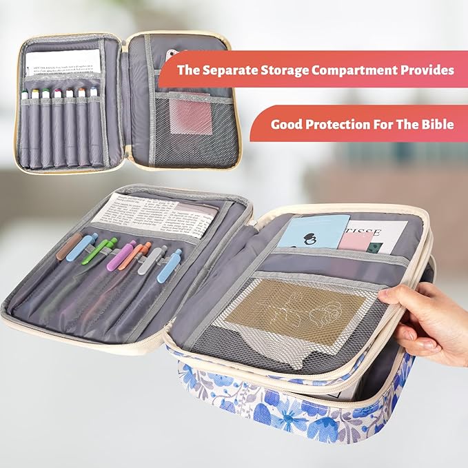 Bible Bag for Girls Organizer - Dual Zipper Compartments with 7 Pen Slots for Church Bible Study, Christian Gift for Teen (Floral-Blue)