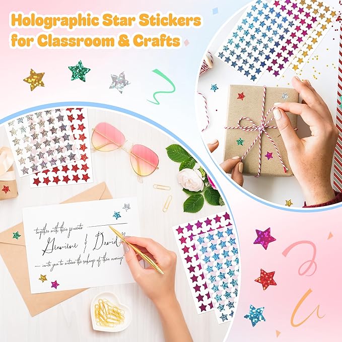 1,620 Holographic Glitter Star Stickers 0.6", 6 Colors Self-Adhesive Mini Stickers for Kids, Classroom, Teacher Supplies, Behavior Charts, Planner, Scrapbooking, Holiday, Party Favors and DIY Crafts