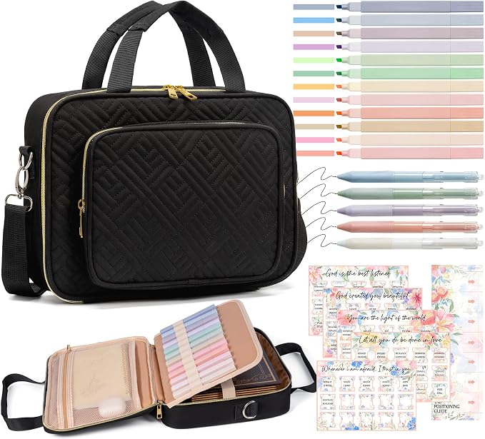 Bible Cover Case for Women, Large Bible Bag w/Shoulder Strap, Bible Study Supplies Journaling Kit Book Carrying Case with Accessories Pastel Highlighters 75 Tabs, Christian Gifts for Women Mom Friends