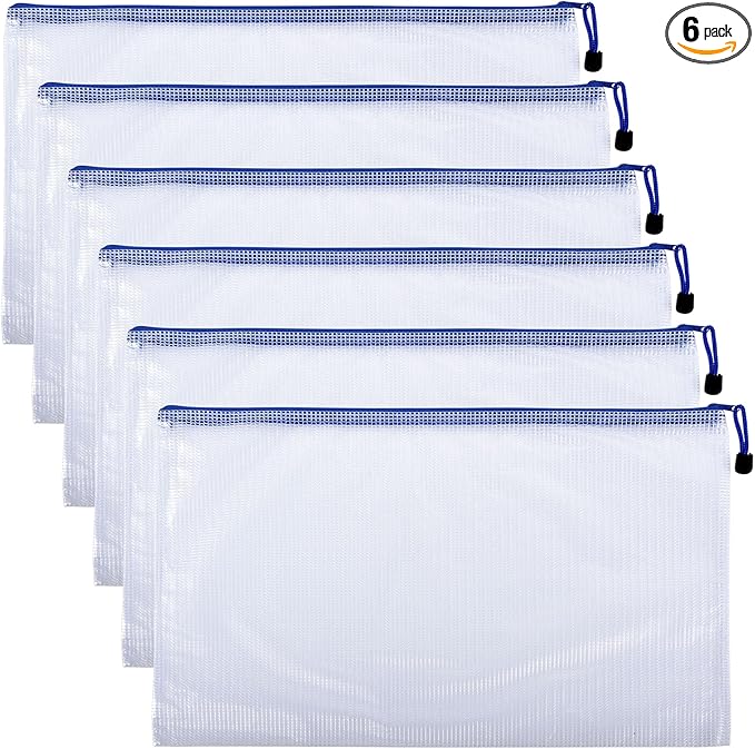 6 Pcs 16.93" x 12.01" A3 Sizes Mesh Zipper Pouch Bags, Mesh Bags with Zipper，Waterproof Clear document pouch for Organization Puzzles Travel, Office, Classroom Organization, A3 White