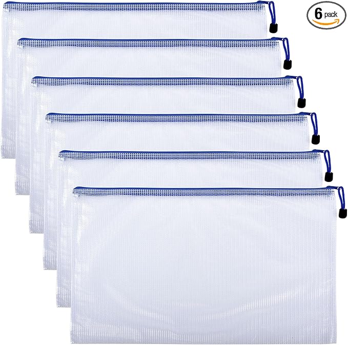 6 Pcs 13.39" x 9.45" A4 Sizes Mesh Zipper Pouch Bags, Mesh Bags with Zipper，Waterproof Clear Document Pouch for Organization Puzzles Travel, Office, Classroom Organization, A4 White