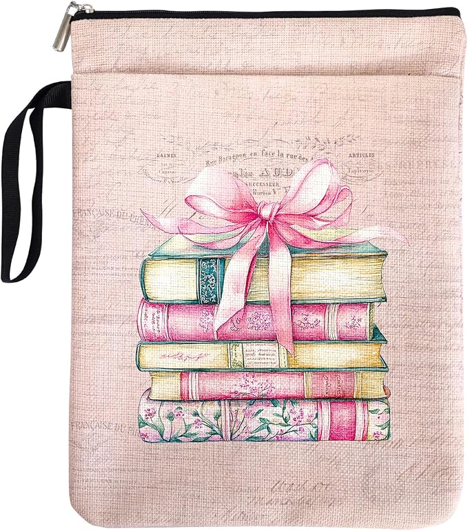 Romantic Reading Accessory Book Sleeve for Women Teen Reader, Pink Bow & Vintage Book Cover Gifts for Book Lovers with Zipper and Handle