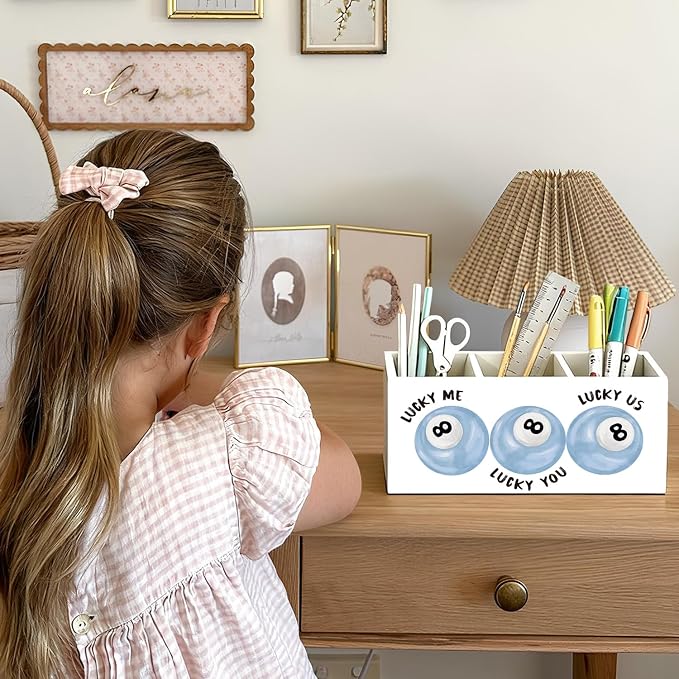 Trendy Preppy Light Blue Pen Pencil Holder for Desk, Girly Office Decor, Retro Lucky 8 Ball Wooden Box Sign Decorations for Girly Room Bedroom Dorm Office Desk Tabletop