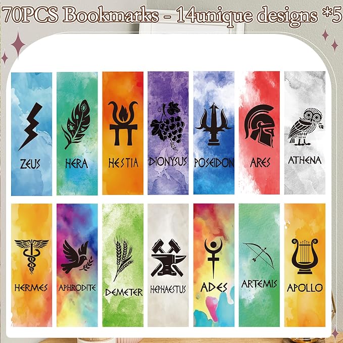 Wxiben Greek Mythology Bookmarks Gifts - 70 Pcs Olympians Gods Bookmarks Paper The Gods of Ancient Greece Book Marks Page Marker Clip for Book Lovers Students Teacher Reading Bookish Party Favor