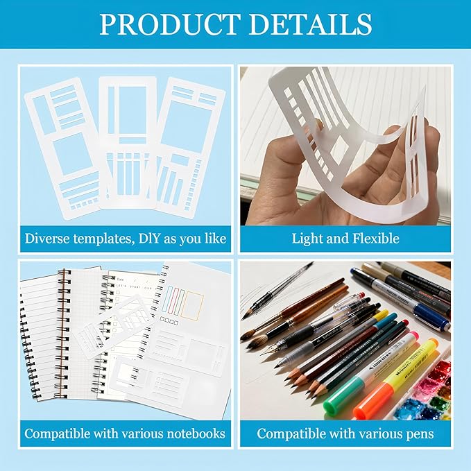 Handmade Flexible Record Template,3 Pack Planner Stencil Set for Dot Grid,Drawing,Checklists,Boxes,Lines&Daily Planning,Reusable Templates Kit for Journaling,Calendar,Scrapbooking&DIY Crafts Supplies