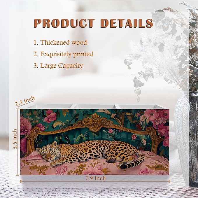 Trendy Retro Leopard Pen Pencil Holder, Leopard Print Gifts for Women, Eclectic Maximalist Sleeping Cheetah Pencil Pen Holder Organizer for Home Office Desk Accessories