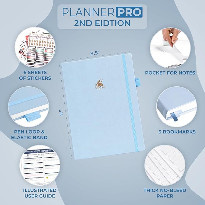Clever Fox Planner PRO 2nd Edition – Undated Weekly Agenda Planner for Setting Goals, Tasks & Time Management – Life Organizer with To-do Lists & Habit Trackers – Large, 8.5x11″ (Periwinkle)