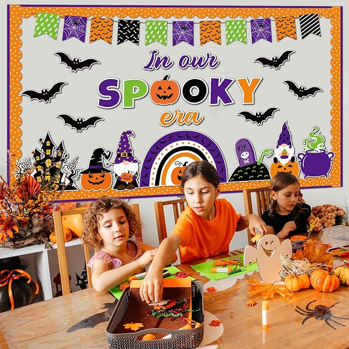 ojustbeok Halloween Bulletin Board Rainbow Pumpkin Ghost Decorations Bat Castle Paper Cutouts in Our Spooky Era Bulletin Board for Halloween Holiday School Chalkboard Wall Decor