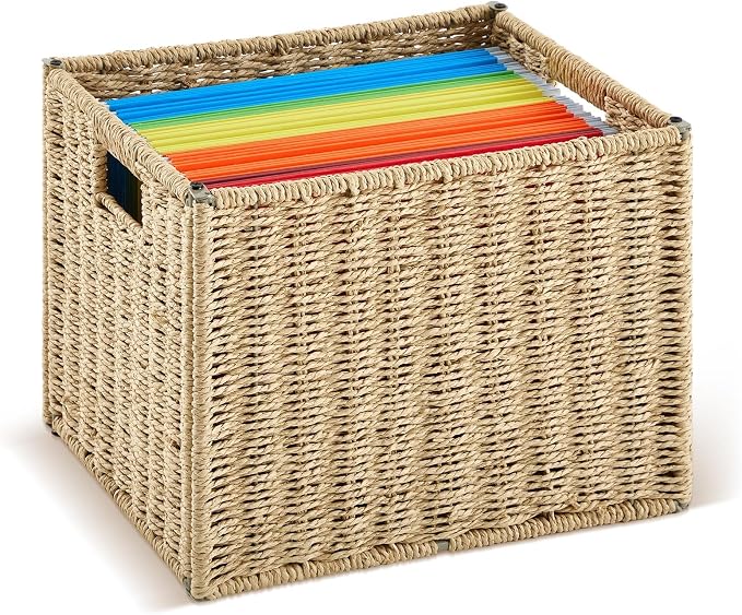 Jingmore Hanging File Box, Paper Rope Collapsible Woven File Organizer for Letter Size Files, Portable Decorative Storage Basket with Handles for Home Office Decor