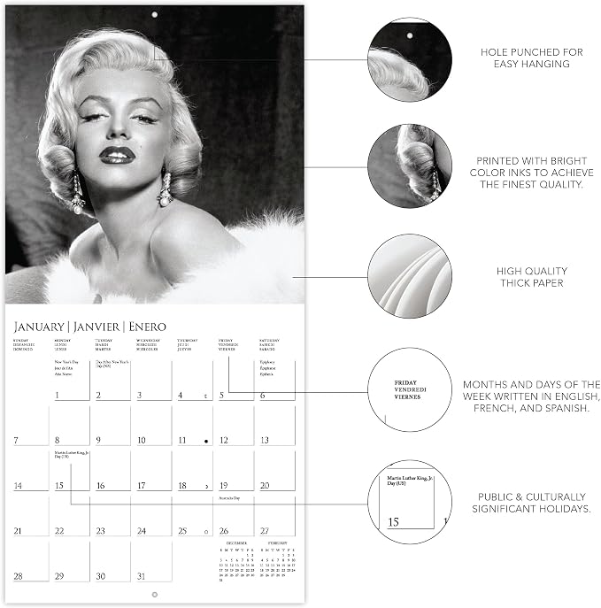 Graphique 2024 Marilyn Monroe Mini Wall Calendar | 7” x 7” | Thick Paper | Home & Office Organizer | Large Monthly Grid | 3 Languages & Marked Holidays | 4 Month Preview Page for 2025