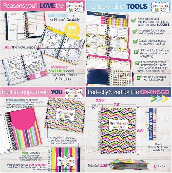 Reminder Binder 2026-2027 Planner – 18-Month Weekly & Monthly Calendar, 361 Stickers, Tabs, Hardcover, Elastic Closure, Pockets, To-Do Lists, Keepsake Gift Box