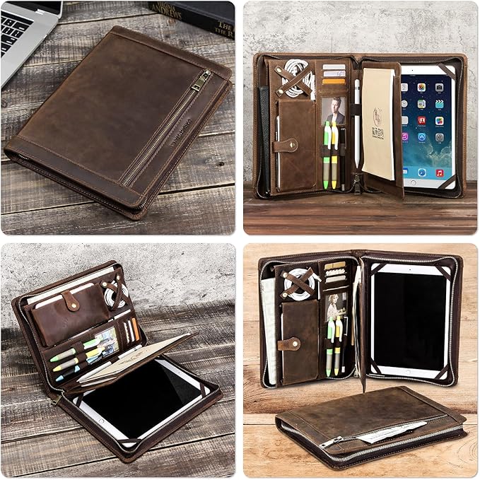 Top Grain Leather Text Custom Padfolio/Portfolio for Men & Women, Handmade Vintage, Multi-Functional Business Portfolio Organizer, Compatible with Cards/iPad Mini/Pen/A4/A5 Size Document